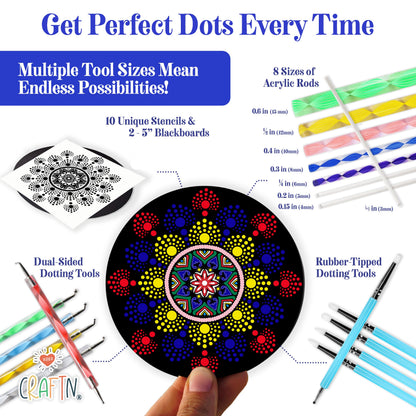 Complete Beginner's Mandala Painting 46 Piece Kit with Acrylic Paints, Reusable Stencils and Dotting Tools. Fun Rock Art & DIY Craft Project. Starter Activity Pack and Gift for Teens, and Adults