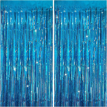 Skiennix Blue Party Backdrop Curtains - Metallic Tinsel Foil Fringe | Ocean-Themed Decor for Events