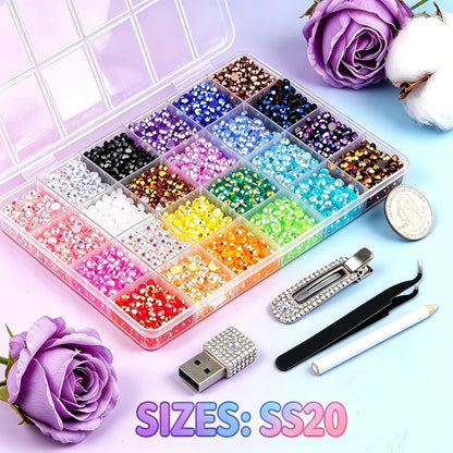YLPARTCHER 34000PCS 28 Colors Jelly Resin Rhinestones Kit with 3Pcs B7000 Glue, 3mm Flatback Gems for Bedazzling Crafting, Multicolor Diamonds for Clothes Shoes Nail Art Diamond Painting Makeup DIY