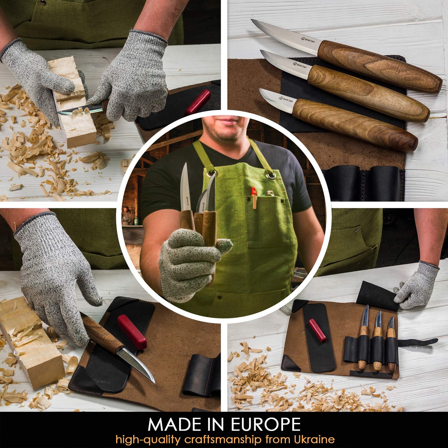 BeaverCraft Deluxe Wood Carving Kit with 3pcs High‑Carbon Steel Sloyd Knives S19x – Whittling Knife Set with Walnut Handles, Leather Tool Roll & Leather Strop, Polishing Compound – Wood Carving Tools