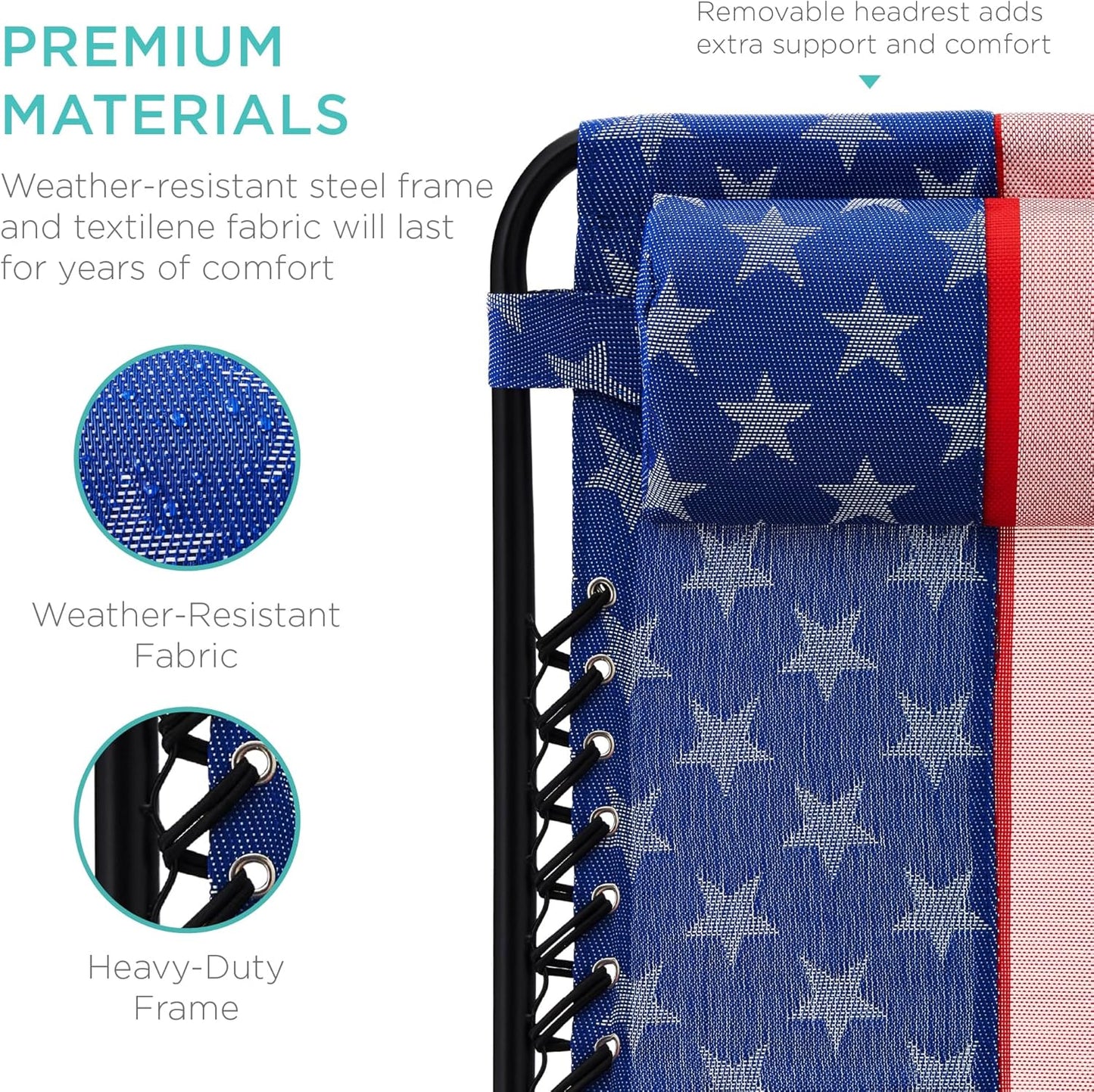 Best Choice Products Adjustable Steel Mesh Zero Gravity Lounge Chairs - Set of 2 with Pillows & Cup Holders | American Flag Design