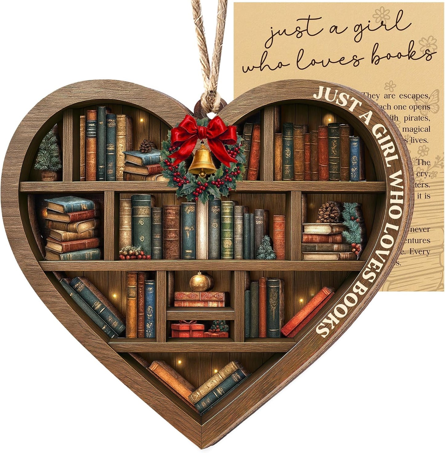 2025, Book Christmas Ornament Wooden Bookshelf Book Lovers Gifts Christmas Tree Decor, Just A Girl Who Loves Books