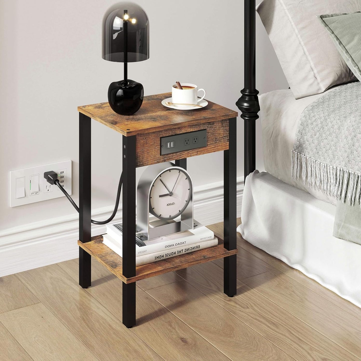 MMEOLUOOK 2-Tier MLBZ14RE End Table with Charging Station, Nightstand with Storage Shelf,Modern Side Table,Bedside