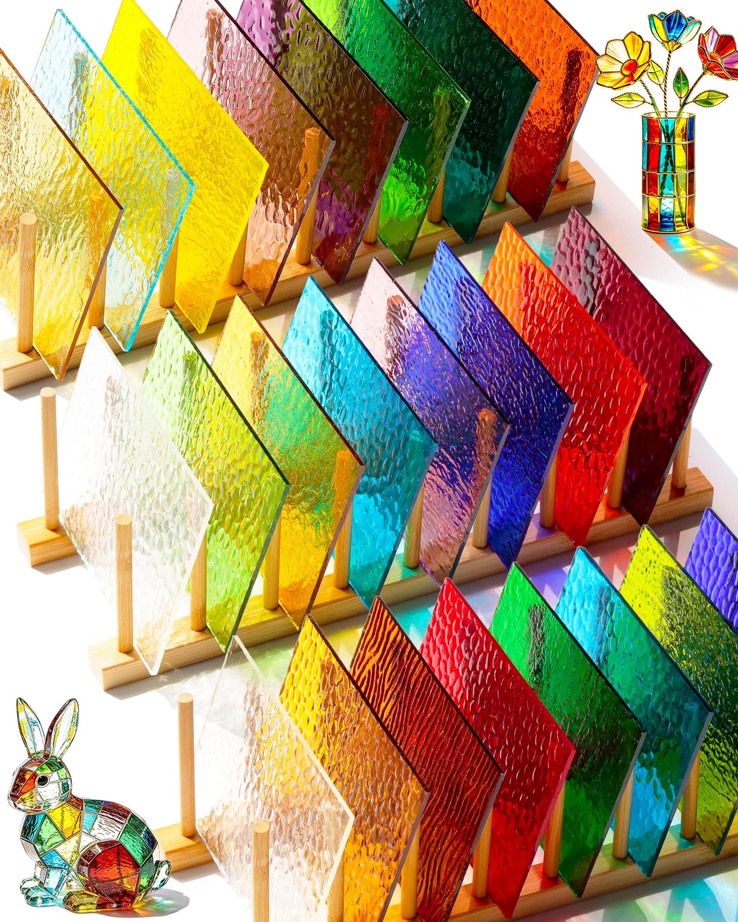 FIVEIZERO 24 Sheets Textured Stained Glass 4x6 Inch – Patterned Cathedral Glass for Privacy Windows, Mosaic Art, Fused Glass, Suncatchers & Lamp Shades – Stained Glass Supplies