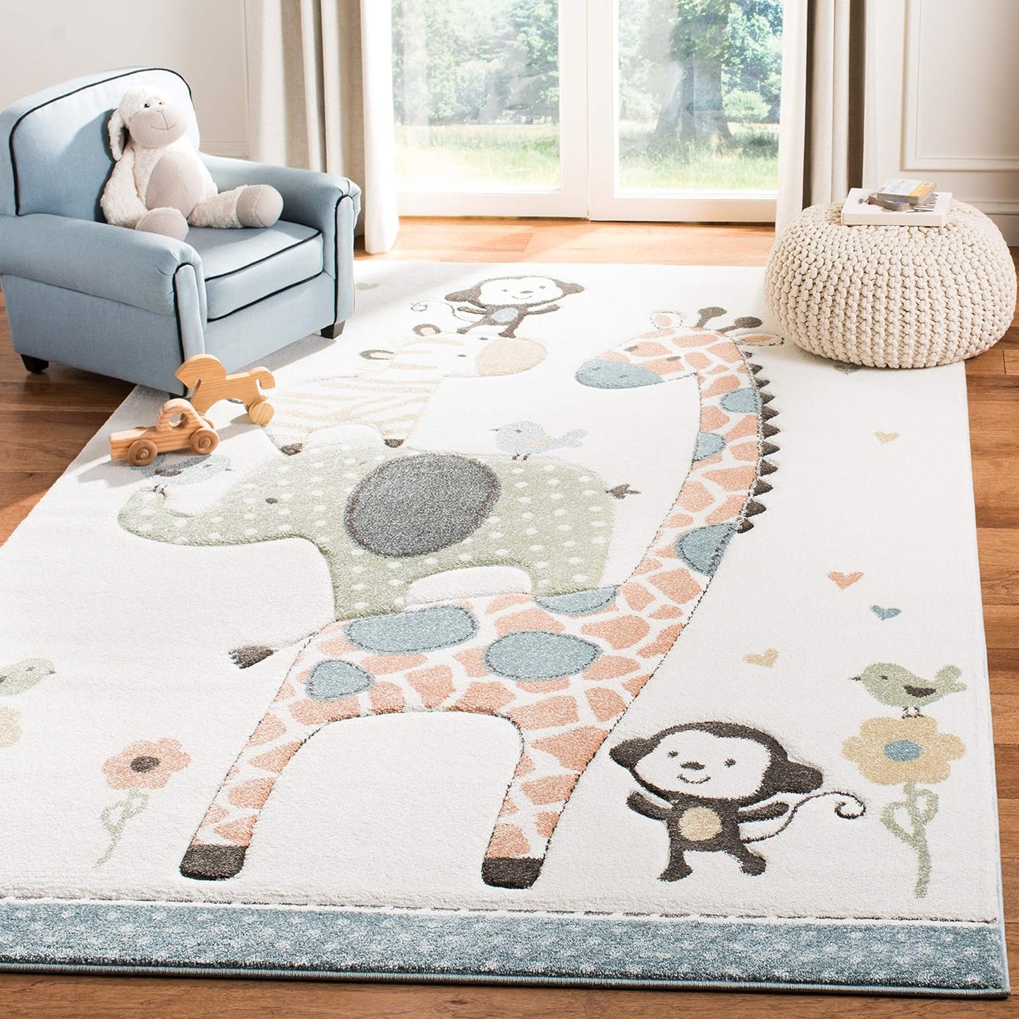4' (CRK120A) SAFAVIEH Carousel Kids Collection Area Rug - Square, Ivory, Animal Design, Non-Shedding & Easy Care, Ideal