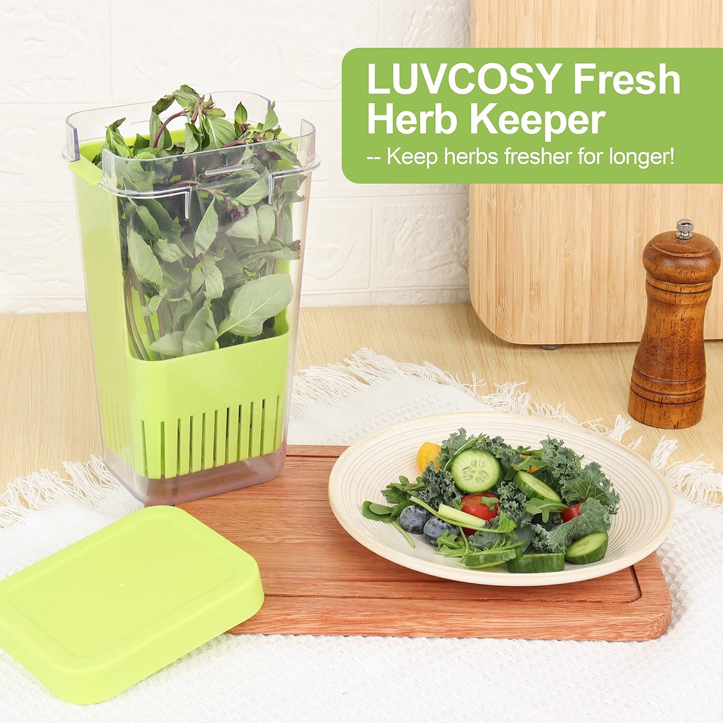 2 Pack 3 LUVCOSY Herb Keeper, BPA-Free Plastic Herb Saver with an Inner Basket for Cilantro, Mint, Parsley