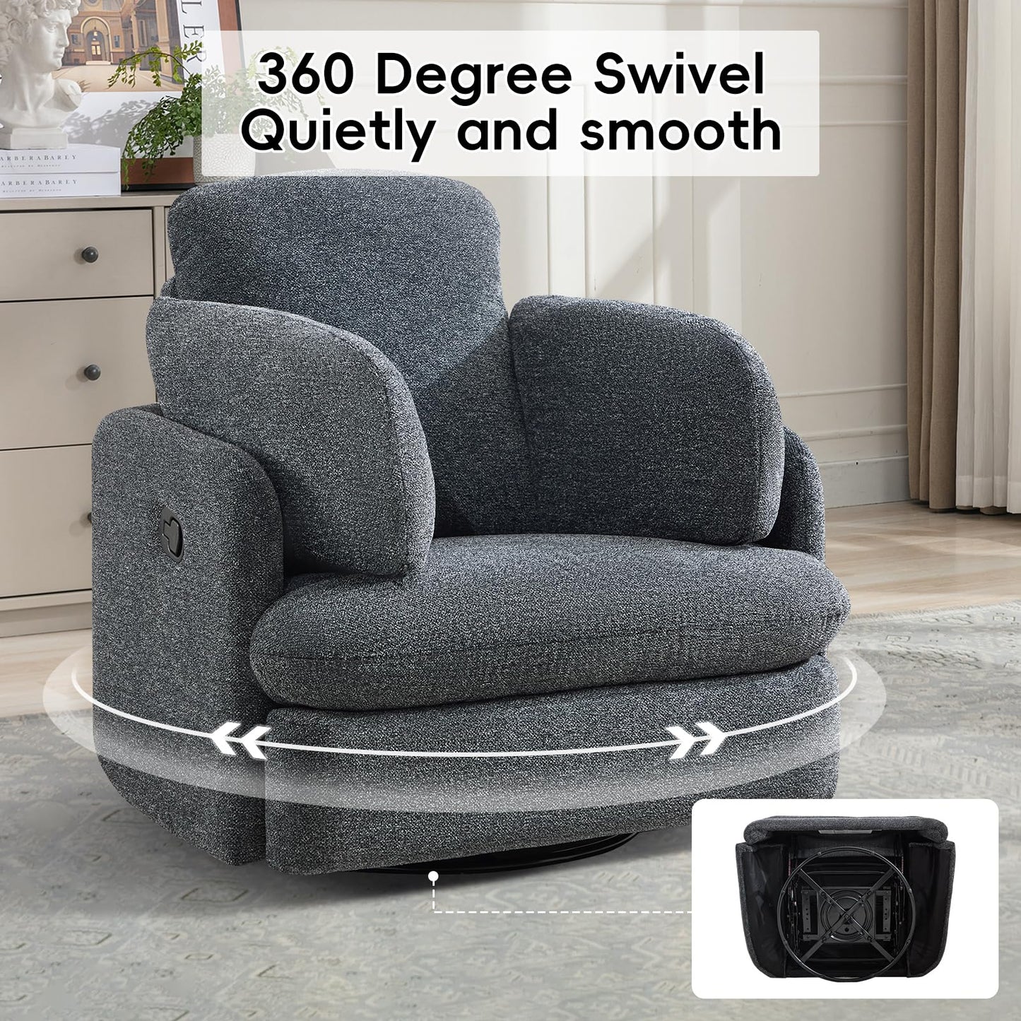 Bonzy Home Manual Recliner Chair, 360°Swivel Rocker Recliner Chair for Adults, Overstuffed Nursery Rocking Reclining Sofa with 2 Pillows and Hidden Storage, Dark Grey