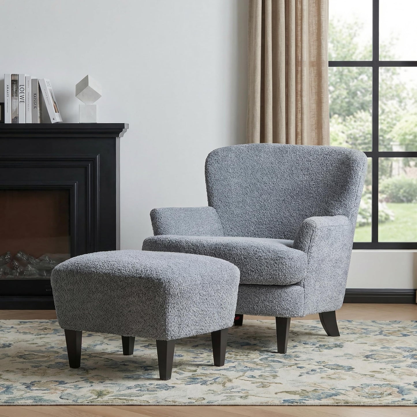 Merax Boucle Club Chair and Ottoman Set, Upholstered Accent Armchair with Ottoman, Modern Barrel Lounge Chair Set with Birch Wood Legs for Living Room Bedroom Office, Dusty Blue