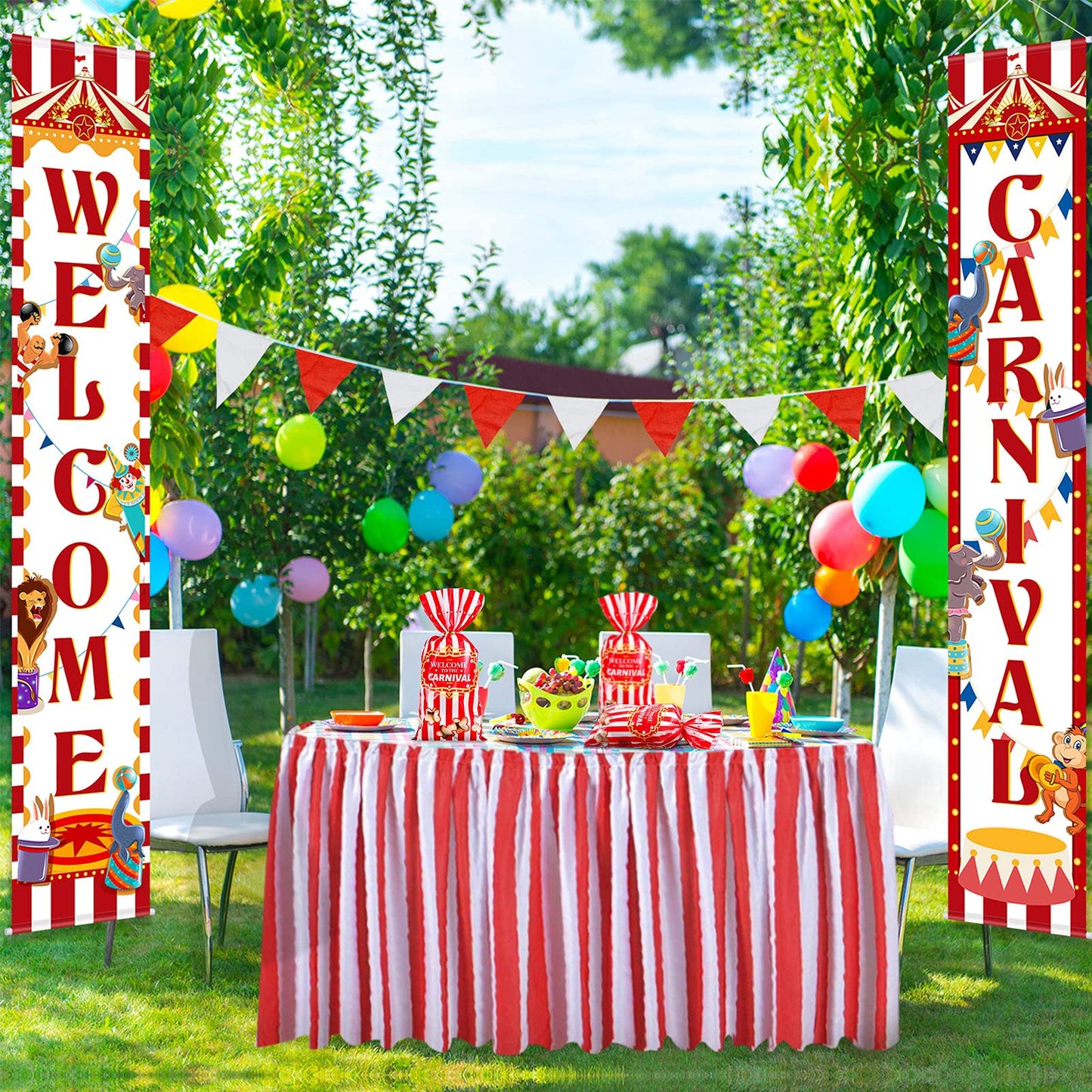 Epakh 200 Packs Carnival Candy Bags Circus-themed Plastic Party Treat Bags with Popcorn Pattern and Gold Twisted Ties for Carnival Birthday Party Favors, Cookies, and Cupcakes (Simple)