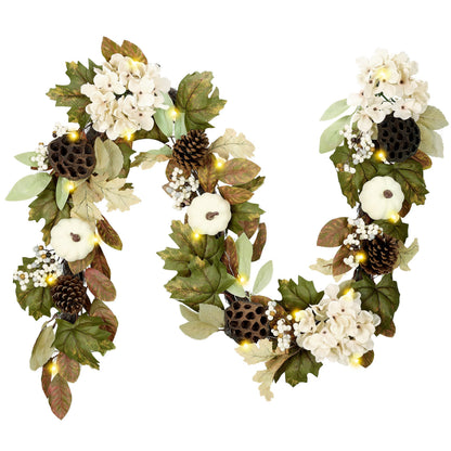 DecorbyHannah Thanksgiving Garland with Lights, 6 ft Artificial Fall Autumn Harvest Garland for Mantel, Fall Decor with Pumpkin Pinecone Lotus Maple Leaves for Front Door Table Fireplace Wall Outdoor