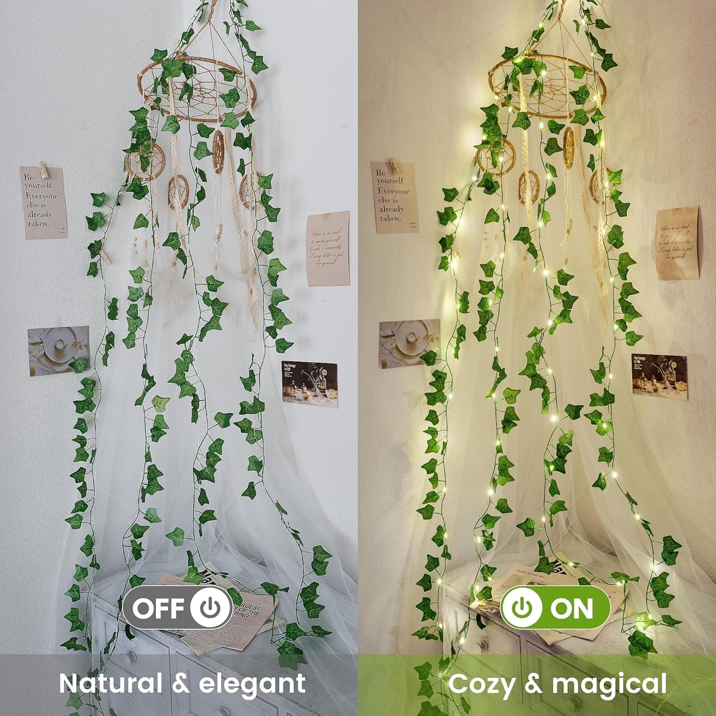 23FT 73 Ivy Vine String Lights, LED Lighted Garland with Green Leaves, USB & Battery Powered, Room Wall, Dorm, Bedroom