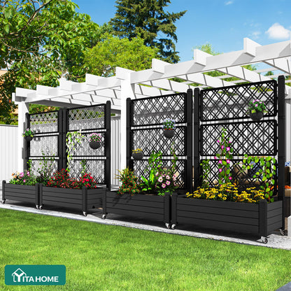 YITAHOME 43.3x17.7x61 in Planter Box with Trellis 2pcs Outdoor Resin Raised Garden Bed with Wheels & Drain Plug for Climbing Plants, Weather-Resistant Outdoor Privacy Screen, Black