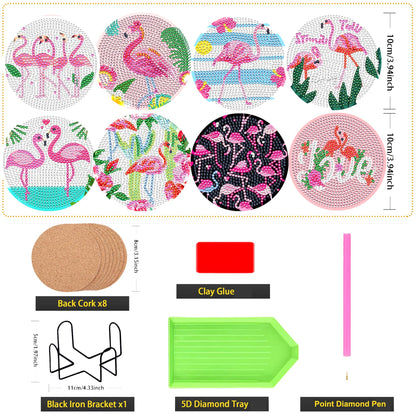 JeCuiK 8 Pcs Flamingo Diamond Painting Coaster Kit DIY Diamond Art Coasters with Holder Diamond Coasters Diamond Art Painting Kits for Adults Beginner Art Crafts Supplies