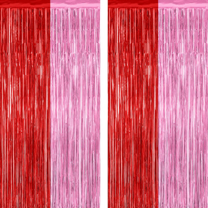 Regine Switzerland Red Pink Backdrop Curtains - 2 Pack Metallic Fringe Tinsel Decor | 3.28' x 7.05'