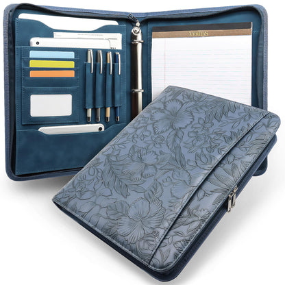 FORTAVEM Embossed Faux Leather Zippered Padfolio with 3 Ring Binder, Executive Portfolio Organizer Binder for Women, Fits 13.9" Laptop/Tablet, Refillable Writing Pad Pocket, Blue