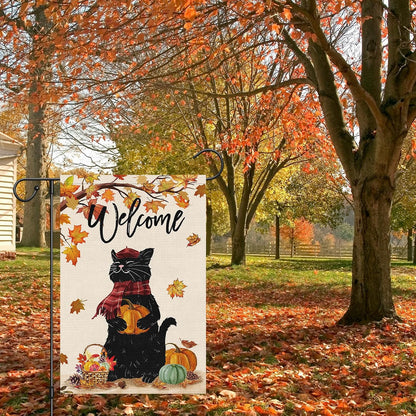 Welcome Fall Garden Flag 12 x 18 Inch, Double Sided Burlap Black Cat with Pumpkins, Autumn Maple Leaves Thanksgiving