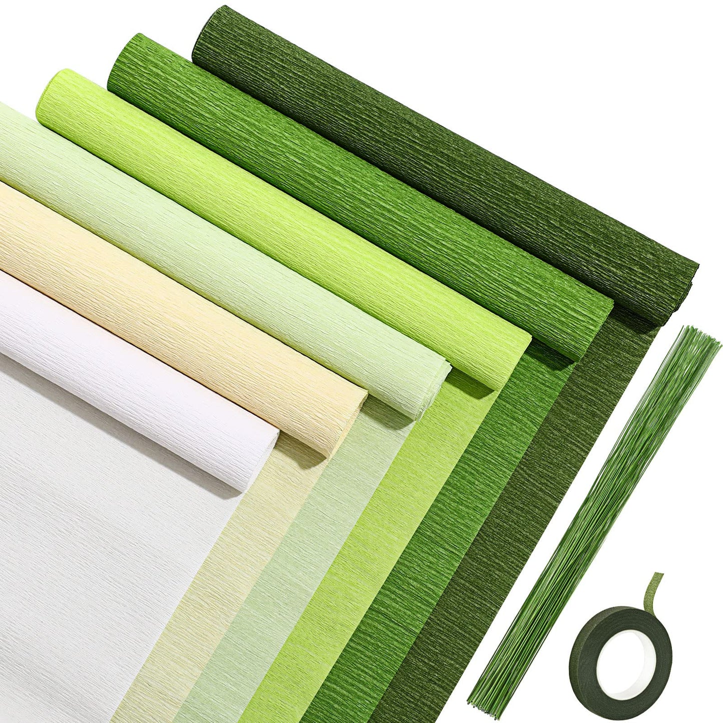 Gersoniel 57 Pcs Crepe Paper Flower DIY Kits 6 Rolls 35g Papel Crepe Sheets 50 Pcs Floral Iron Wire 10 Inch x 8 Feet 1 Roll 50 Meter for Birthday Party Wedding(Green Series)
