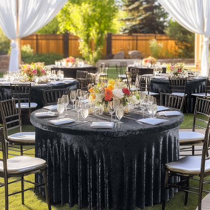 Outpain 4Pack 60 Inch Round Velvet Tablecloths - 120 Inch Stretch Spandex Table Cover with Floor-Length Skirt, Wrinkle-Free Luxury Elastic Table Cloths for Weddings,Banquets,Events (Black)