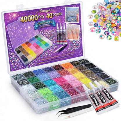 40000 PCS 40 Colors Rhinestones for Bedazzling, 3mm Flatback Resin Gems, Bedazzler Kit with Rhinestones and Tools, 3Pcs B7000 Jewelry Glue, Bedazzling Kit for Nails Clothes Shoes Books Crafts