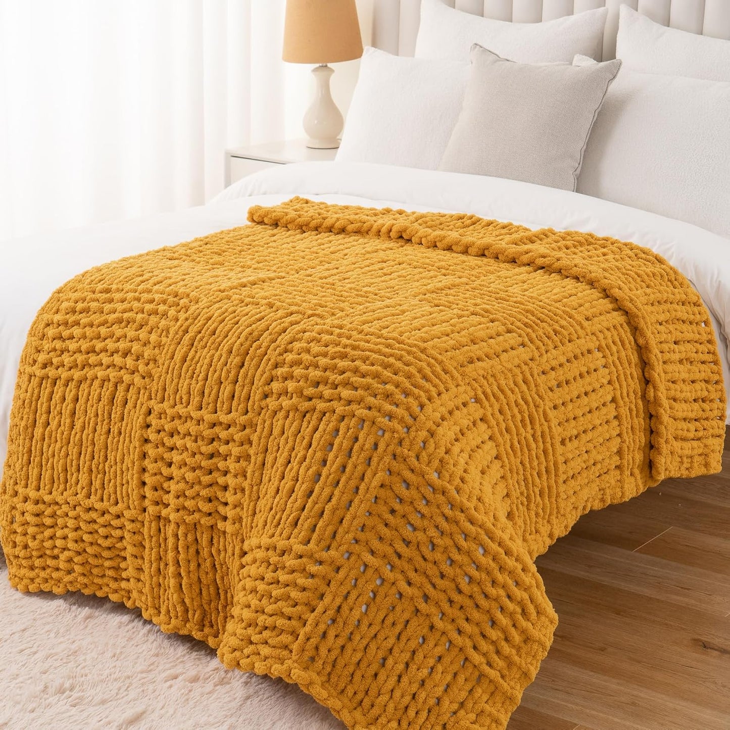 50"x60" Bunnikins & Clover Mustard Yellow Throw Blanket for Couch, Chunky Knit Gold Blanket Throw with Chenille Yarn