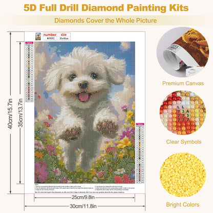 MEIYUDA Dog Diamond Art Kits for Adults, 5D Cute White Doggy Diamond Art Kits for Beginners, DIY Round Full Drill Diamond Gem Art with Painting Tools for Home Wall Decor 12x16 Inch