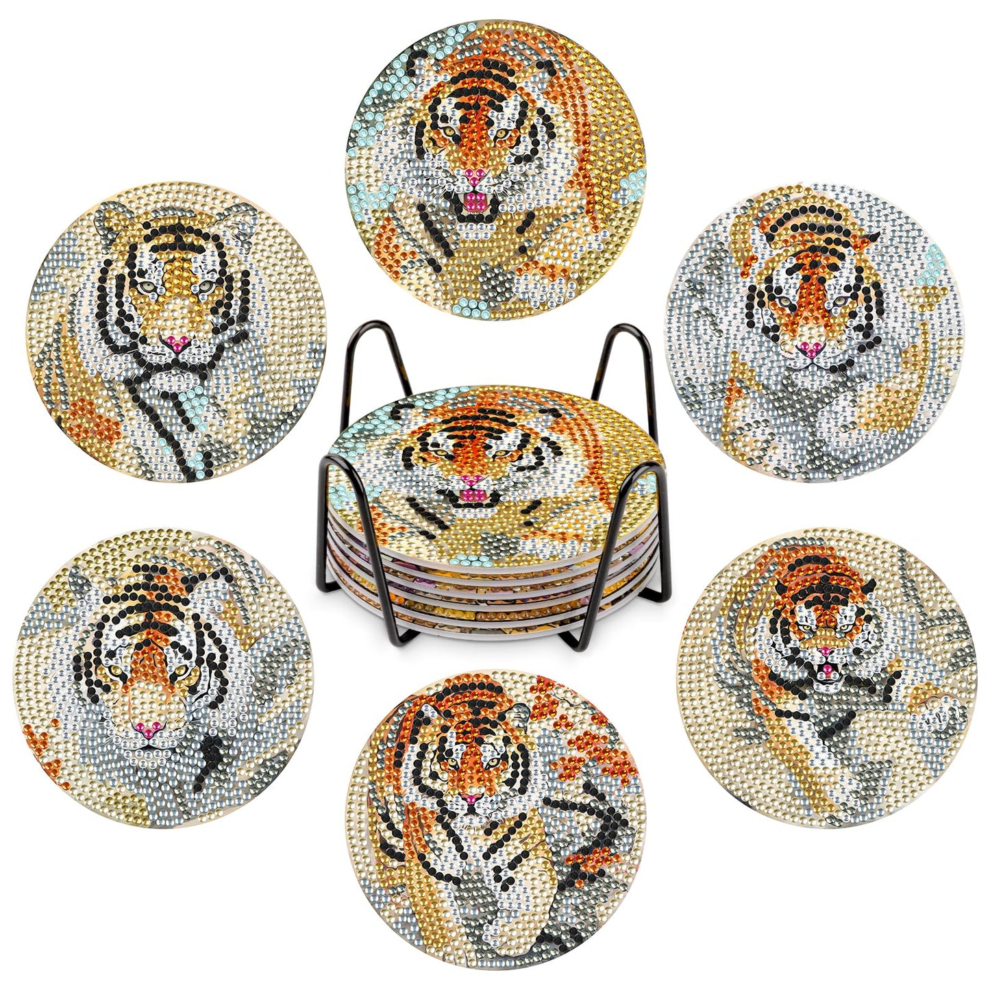GHHKUD 6pcs Tiger Diamond Painting Coasters, DIY Life Coasters Animals Diamond Art Kits for Adults Kids, Full Drill 5D with Holder Cork Pad for Home