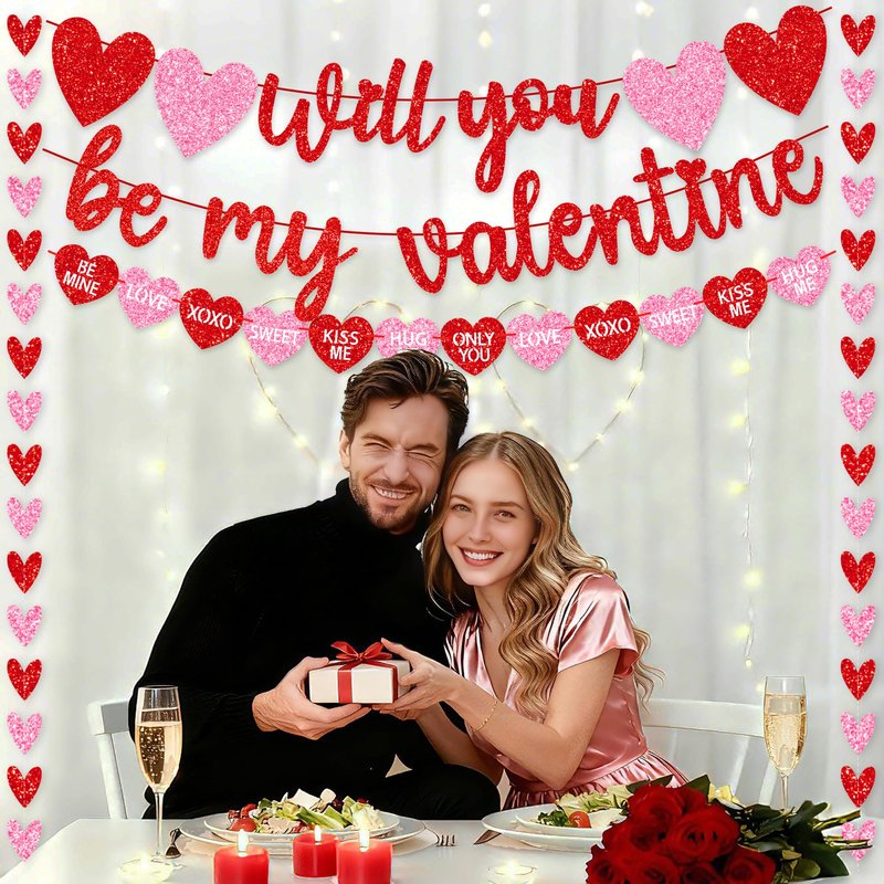 Valentines Day Decorations, No DIY Glitter Red Pink Will You Be My Valentine Banner Hollowed Conversation Heart Banner Heart Garlands String for Valentines Home Mantle Wall Office Decor Supplies