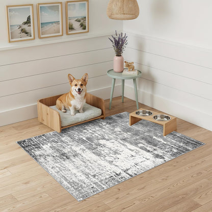 Skiennix Washable Area Rug - Abstract Water-Resistant Non-Slip Doormat | 2x3 ft, Black/Grey for High-Traffic Areas