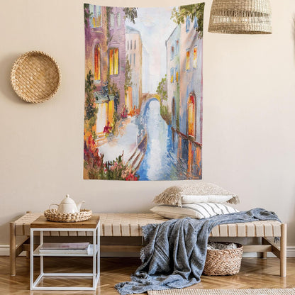 Ambesonne Venice Tapestry - Historical City Vintage Houses Water Canal Venice Italy Oil Painting, 40" X 60", Orange