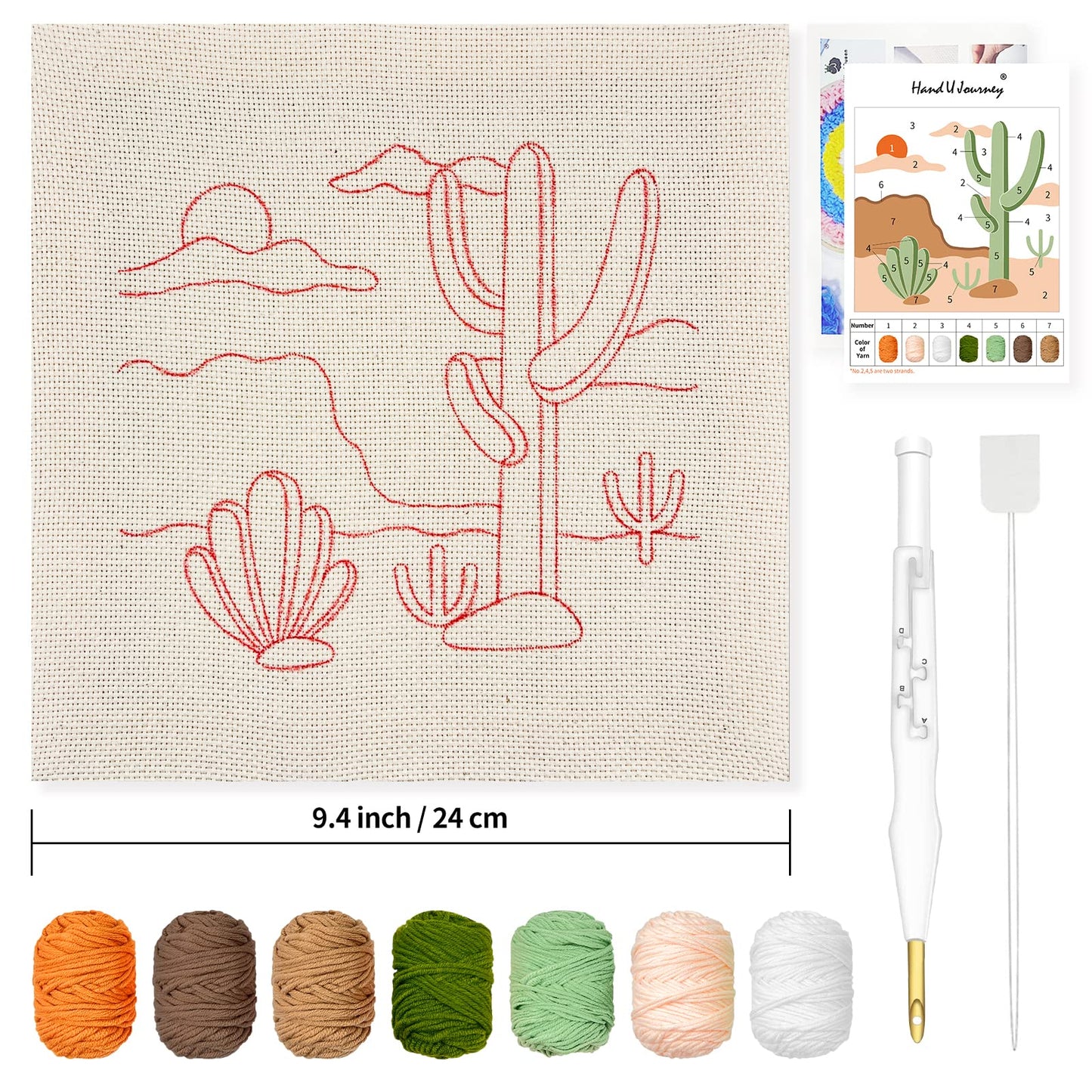 HAND U JOURNEY Cactus Punch Needle Kit, 9.4" x 9.4" Beginner Rug Hooking Kit with Adjustable Punch Needle Pen, DIY Embroidery Craft Gift for Adults