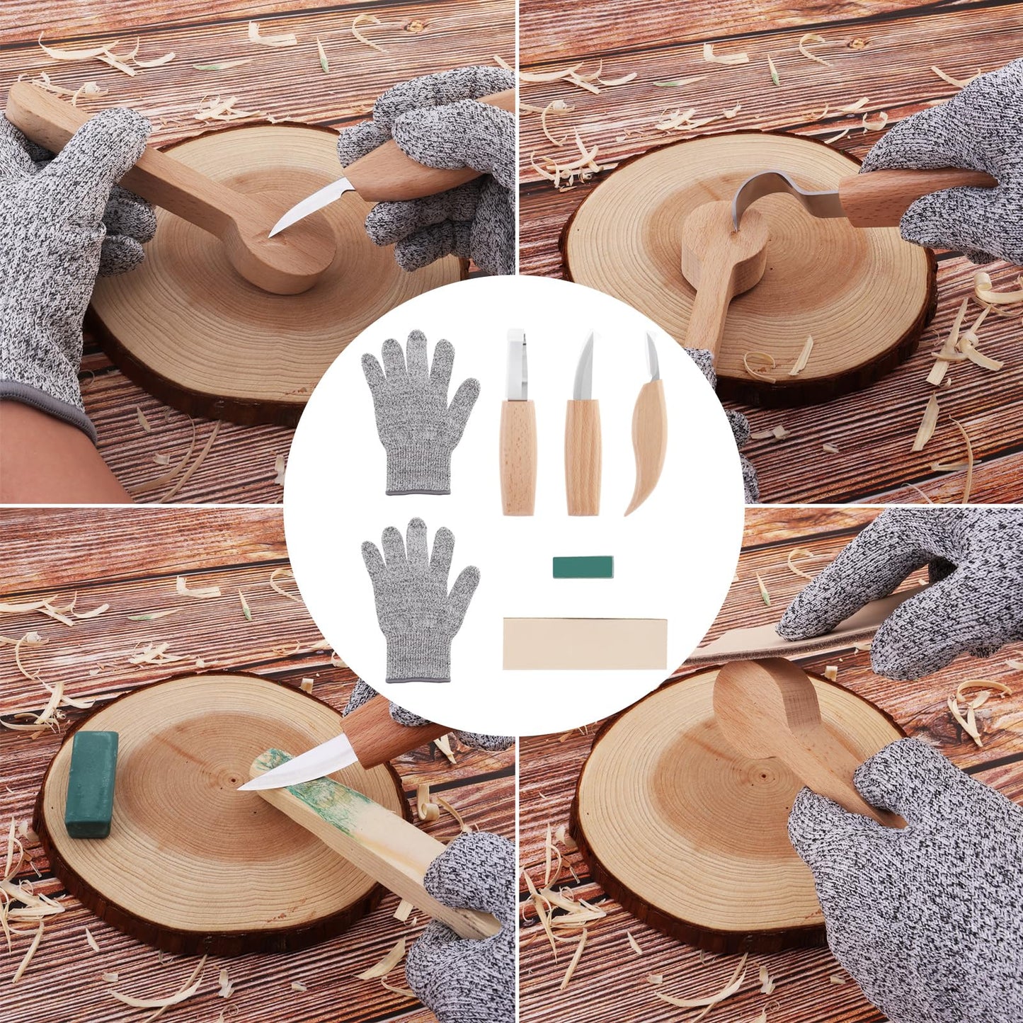 Omninmo Wood Carving Tools Set for Spoon Carving, Basic Detailed Carving Woodworkers Roll Leather Strop and Polishing Compound Hook Sloyd Detail Knife Left-Handed Spoon Carving Knives(with Gloves)
