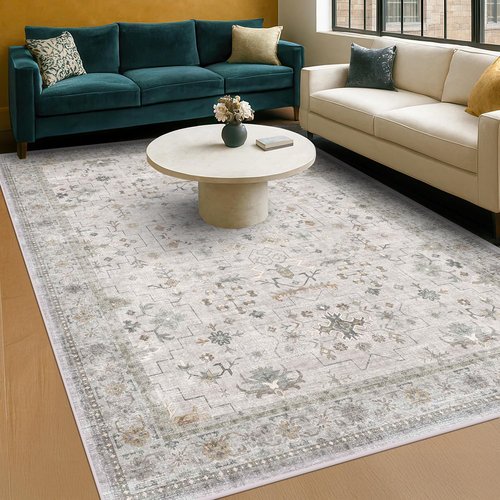 Hazo Haus Boho Light Grey Area Rug - Modern Vintage Floral Design, Washable 6x8 Non-Slip for Living Room & Dining Room