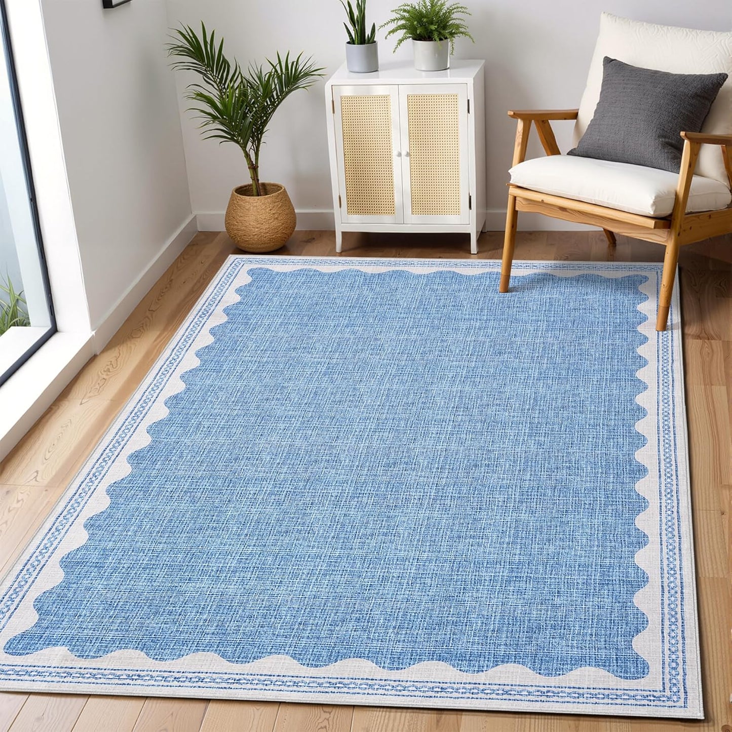 5x7 5 7 GarveeHome Rug for Living Room, Scalloped X Area Rugs Washable Non-Slip Solid Blue Modern Minimalism Low-Pile