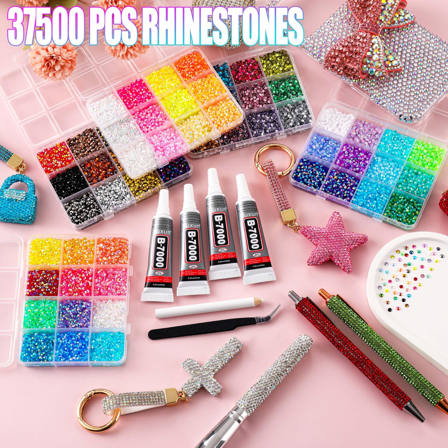 LERBOU 37500Pcs Bedazzling Kit for 60 Colors Rhinestones with 5 Box Diamond Art, 3mm Flatback Gems with 4×10ml B7000 Jewelry Glue Tweezers & Pickup Pen, Perfect for Nail Art, Crafting, Clothing