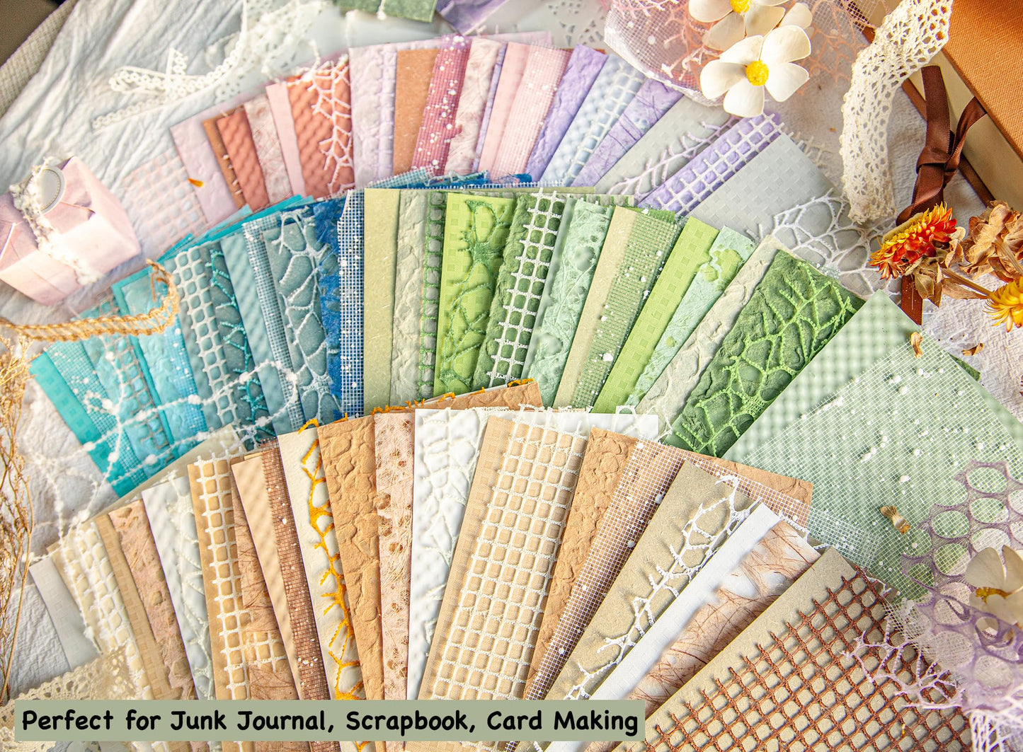 96 Sheets Textured Scrapbook Paper and Mesh Fabric Assorted Set - 6 Pack Mixed Special Paper for Scrapbooking Planner Bullet Junk Journal Supplies Mixed Media Collage Card Embellishments 3.9x5.5 Inch