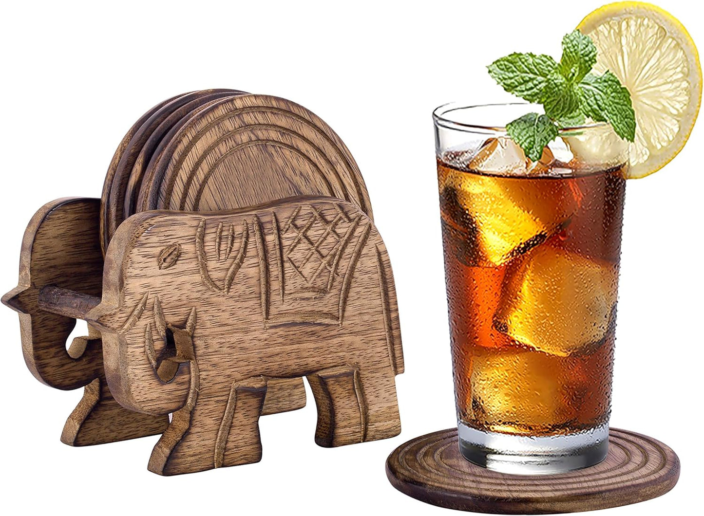 Divit Coasters Wooden for Drinks, Eco-Friendly, Absorbent Handcrafted Coasters with Antique Look (Elephant)