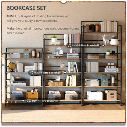 4NM No Assembly Extra Wide 6 Tiers Folding Bookshelf Storage Shelves Vintage Bookcase Standing Racks Study Organizer Home Office (Rustic Brown Black)