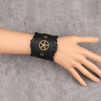 GelConnie Mens Bracelets Leather Cuff Steampunk Alloy Gear Leather Wristbands for Men Women Bracelets Cuff Bangle Jewelry