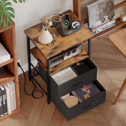 Fixwal Night Stand with Charging Station, Nightstand with Fabric Drawers, Bedside Table for Bedroom, Rustic Brown