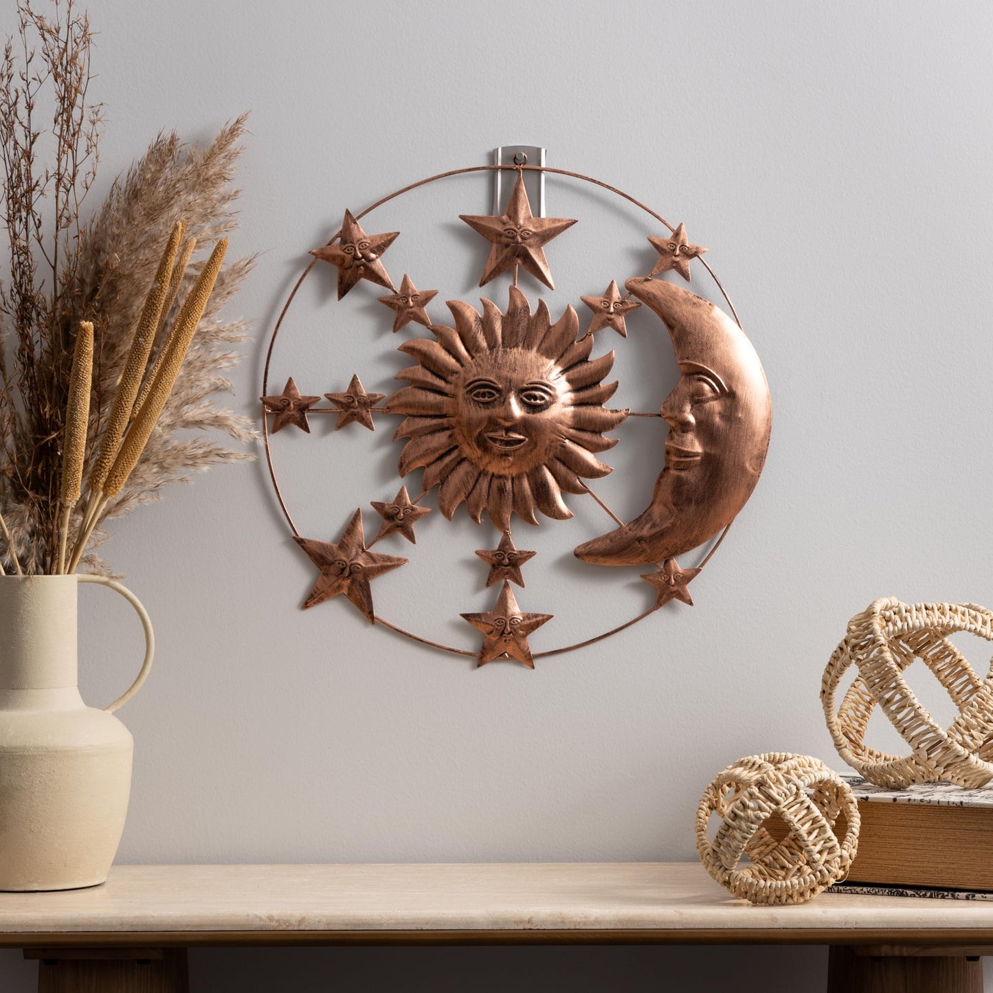 Deco 79 Metal Sun and Moon Home Wall Decor Indoor Outdoor Wall Sculpture with Stars, Wall Art 21" x 1" x 21", Bronze