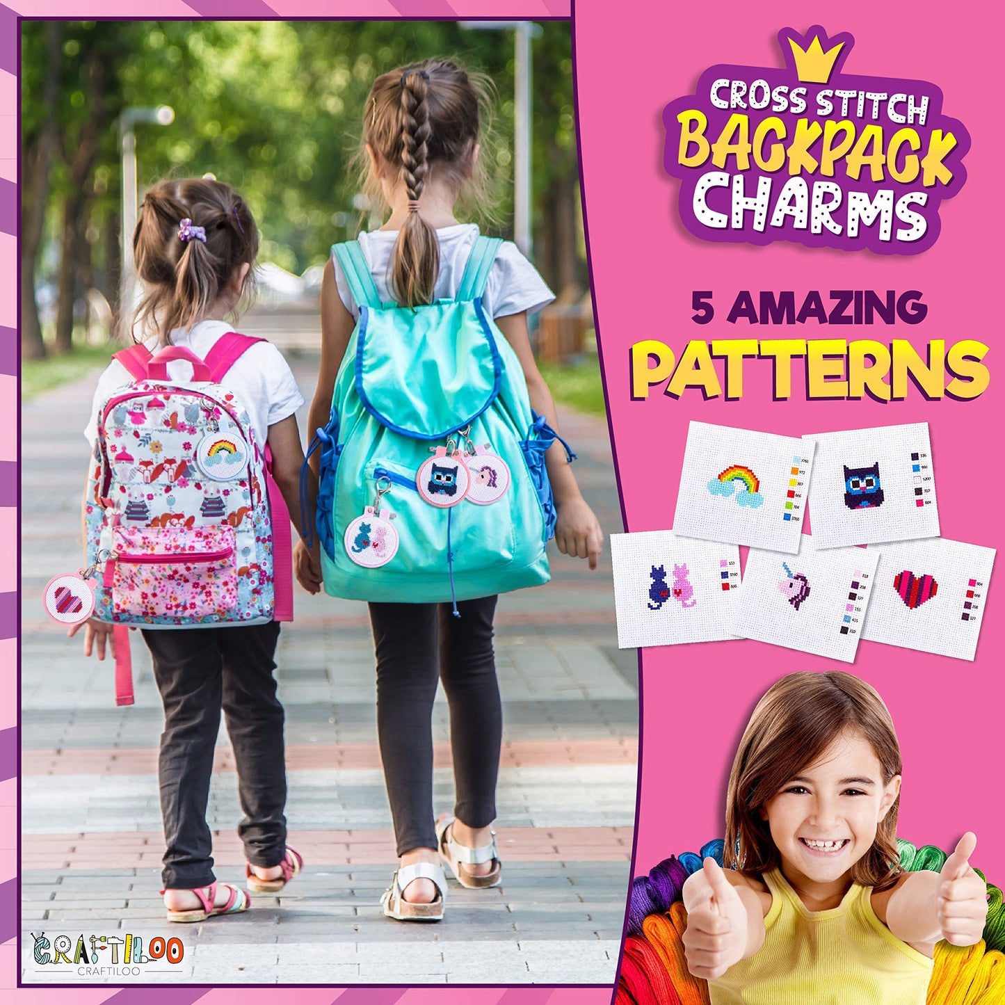 CRAFTILOO Cross Stitch Kit for Kids - 5 Easy Stamped Cross Stitch Kits for Beginners | Embroidery Kit for Girls Ages 7-13 | Needlepoint Craft Set, Backpack Charms & Keychains