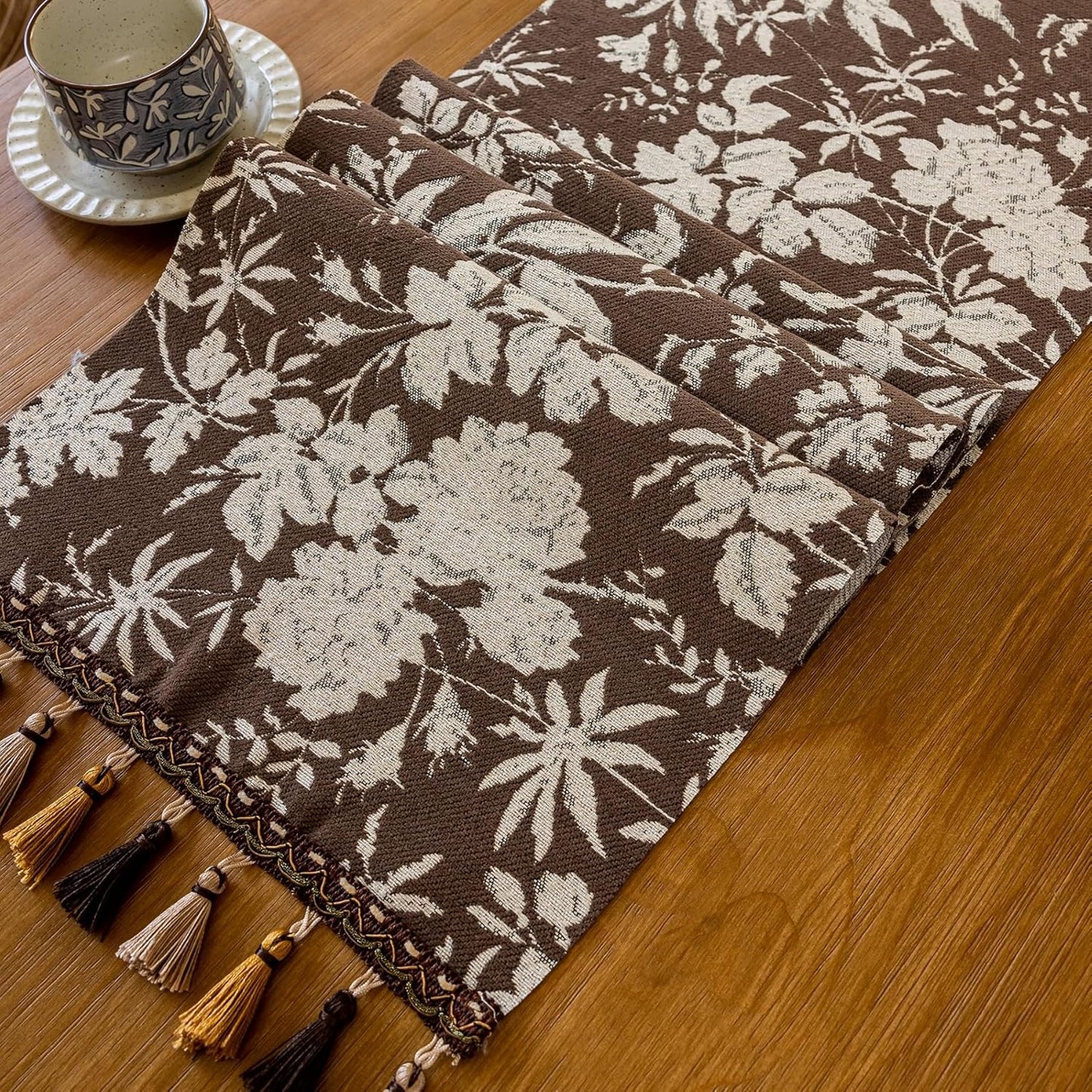 13 48 Inch Floral Dark Brown Table Runner for Living Room Jacquard Flower Dining Table Runner with Tassels Modern