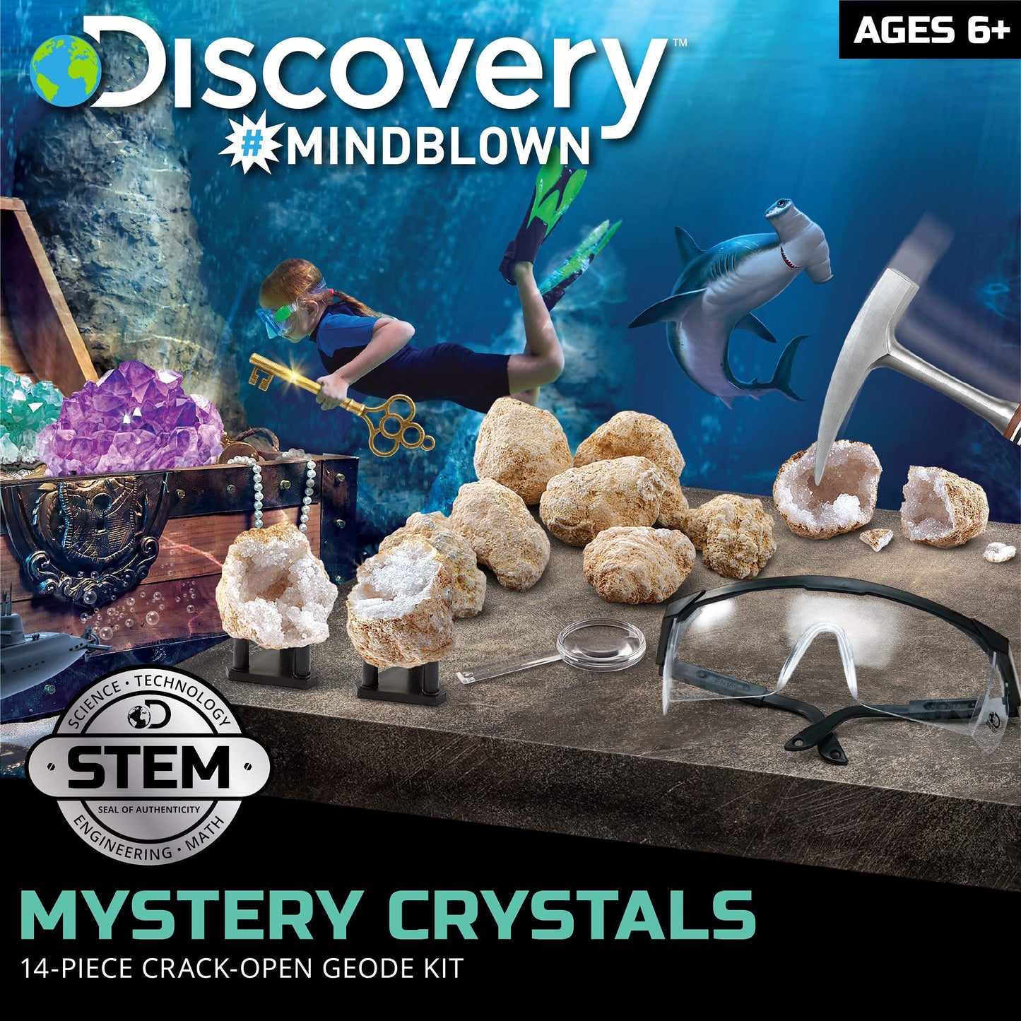 Discovery™ Mystery Crystal Geode Kit – Crack Open 10 Real Quartz Geodes| Includes Goggles, Magnifying Glass & Display Stands| Educational STEM Geology Toy for Kids| Science Activity Set Gift| Ages 6+
