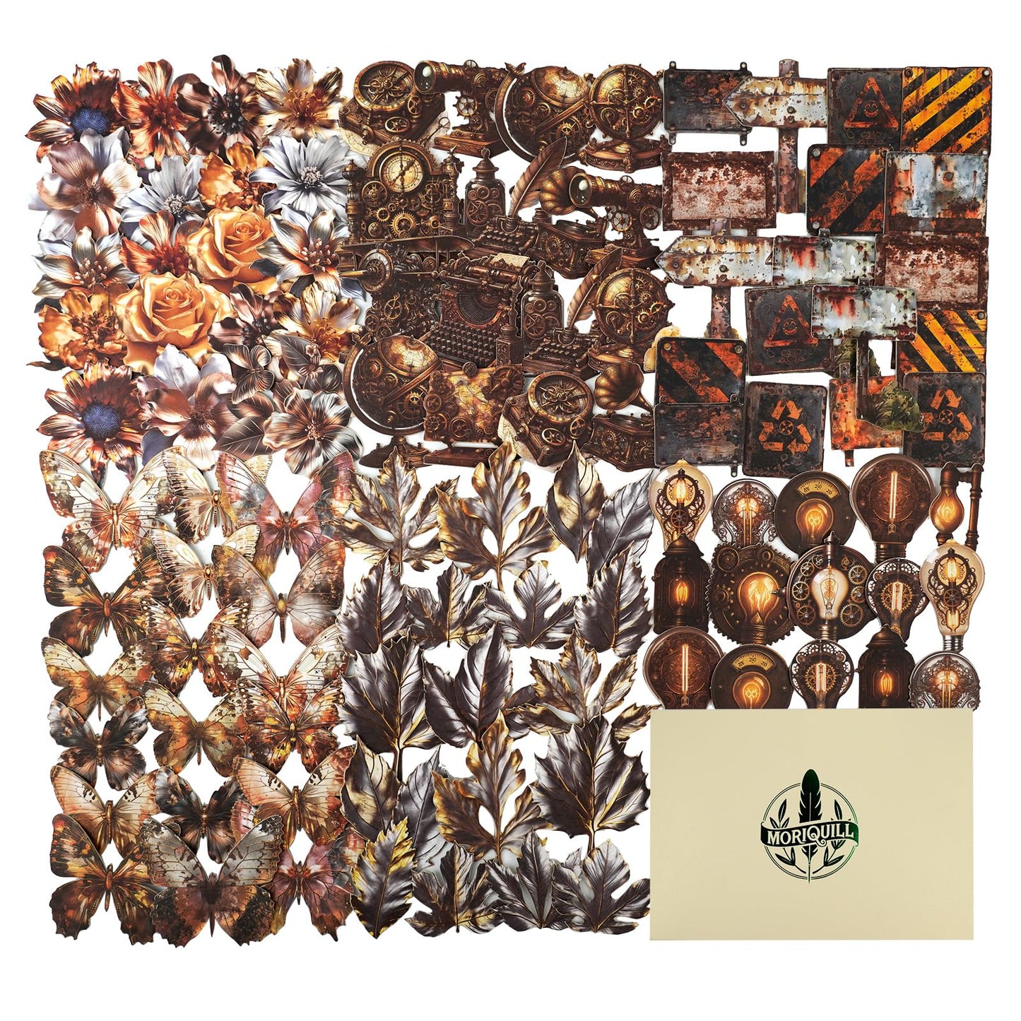Moriquill 120PCS Steampunk Vintage Stickers – Die-Cut Antique Gears, Bulbs & Butterflies with No-White Edge Cardstock for Scrapbooking, Journaling and DIY Crafts