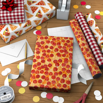 Hallmark Pizza Scented Wrapping Paper Mini Rolls, 3-Pack (Pepperoni, Pizza Slices, Red Gingham Tablecloth) for Birthdays, Graduations, Father's Day, Any Occasion - 45 Sq. Ft. Total