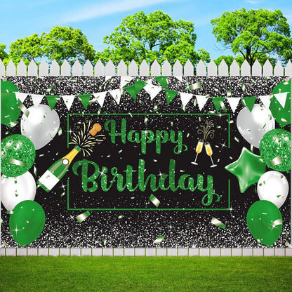 Green Silver Black Happy Birthday Banner Decorations, Champagne Glass Balloons Photo Booth Background for Party Supplies
