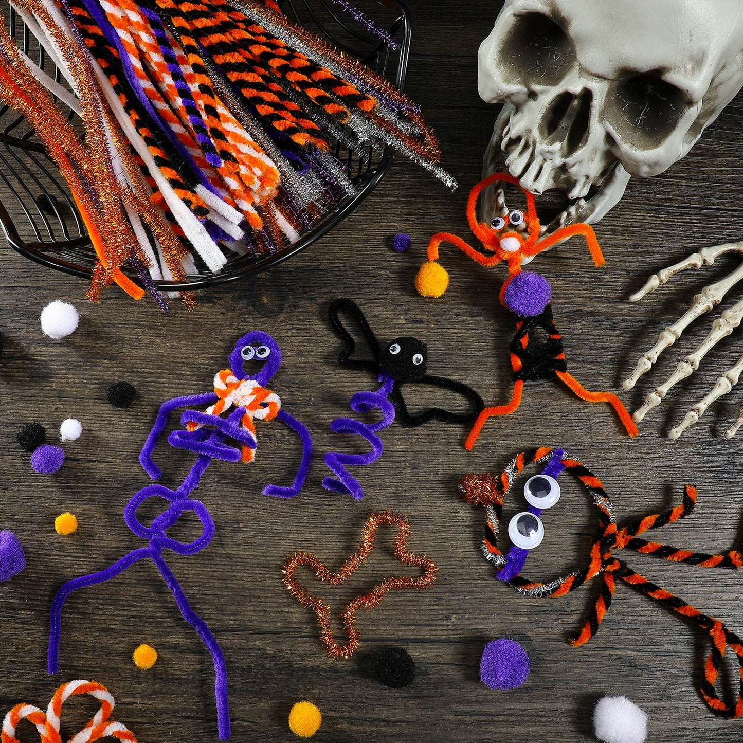 800 Pcs Halloween Pipe Cleaners Sets Include 200 Pack 10 Colors Chenille Stems 200 Pack 5 Sizes Self Adhesive Wiggle Googly Eyes 400 Pcs 4 Sizes Art and Crafts Pompoms for DIY Making