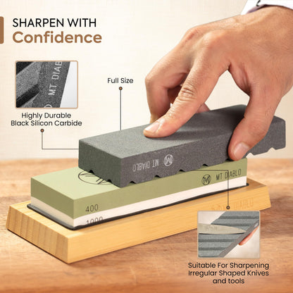 Mt Diablo Knife Sharpener Stone Kit for Chefs & Woodworkers: Dual-Grit Whetstones 400/1000 & 3000/8000, Premium White Corundum, Knife Sharpening Kit with Bamboo Base & Angle Guide, Flattening Stone