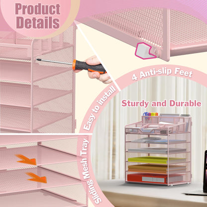 Docnest 6 Tier Mesh Desk Organizer for Paper Office Supplies – Multi-Functional Letter Tray with 5 Adjustable Compartments, 9 Pen Holders, Desktop Storage for Files, Mail, Stationery – Pink