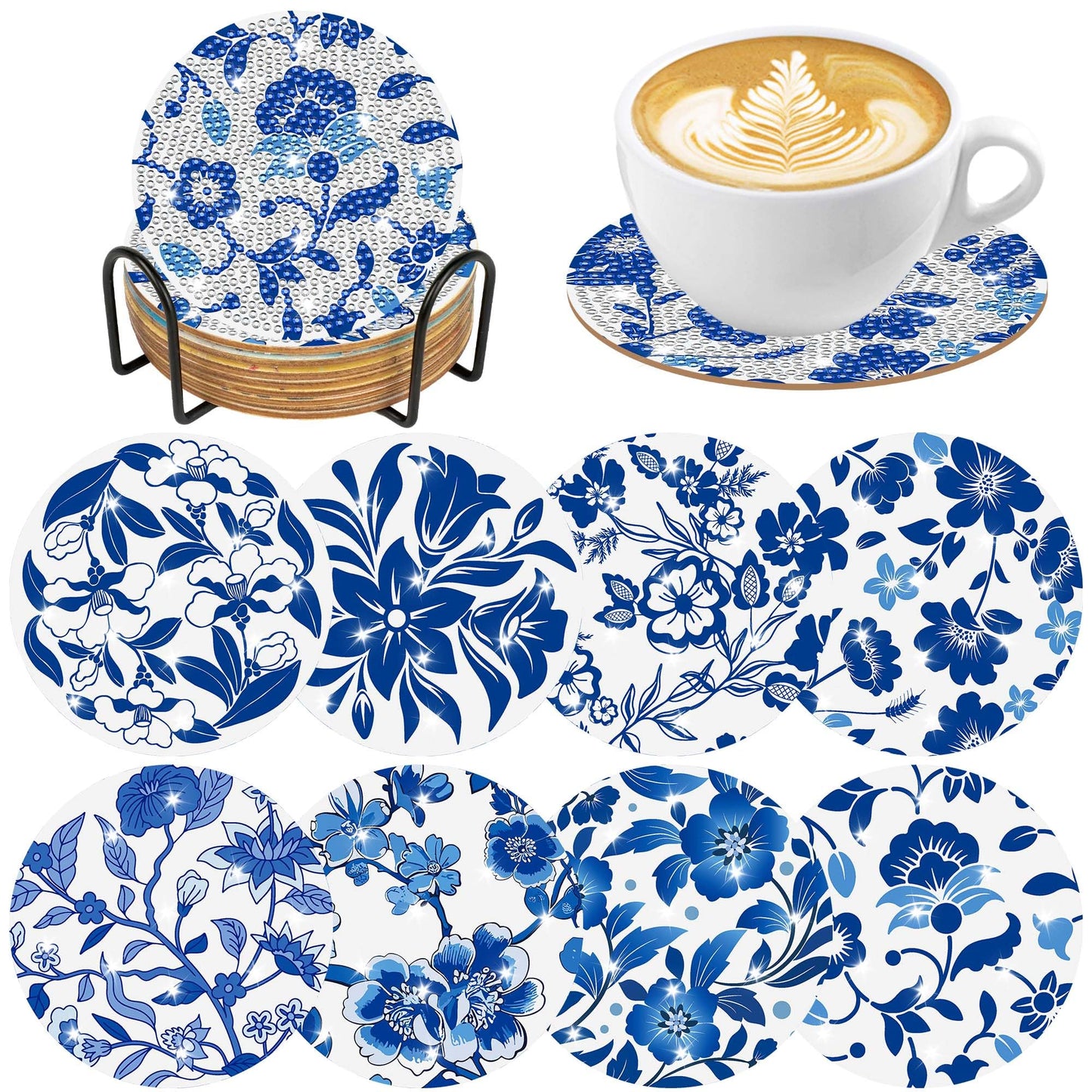 Blue Floral Diamond Art Coasters, 8pcs Blue and White Chinoiserie Floral Diamond Painting Coaster Kit, Elegant Flower Diamond Art with Holder Cork Pads, DIY Craft for Adults Beginners Home Decor Gifts